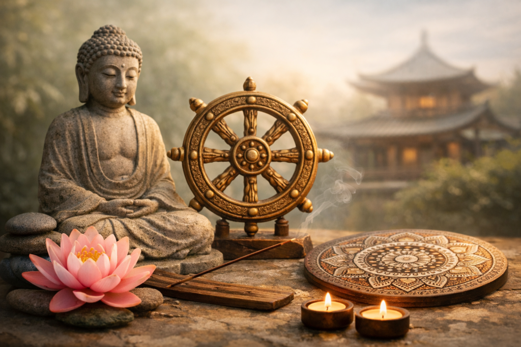 Symbole buddyzmu: koło Dharmy, lotos, Budda, mandala i inne znaki w różnych tradycjach